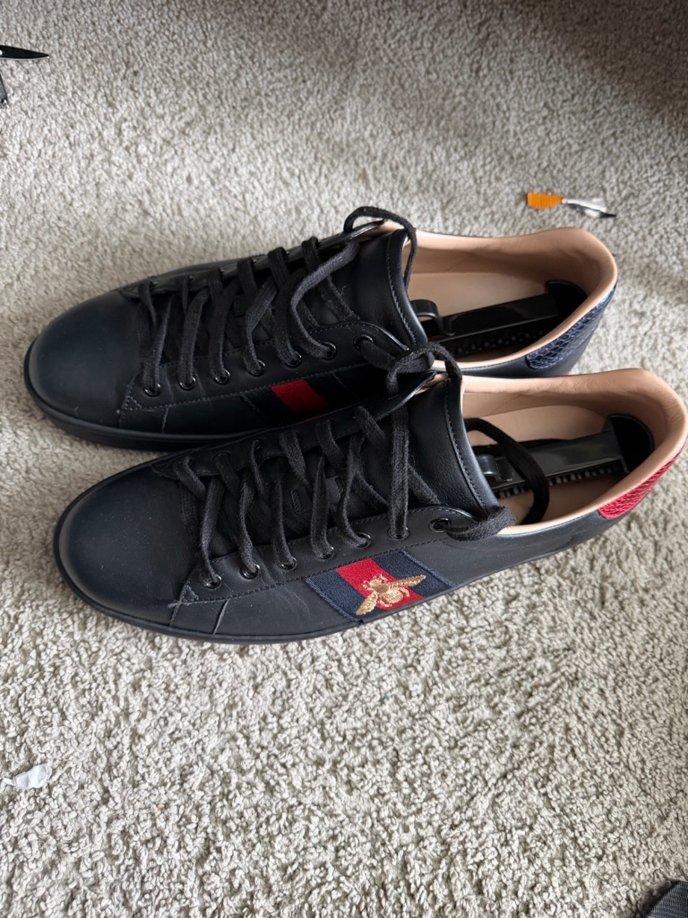 Gucci Black Leather Sneakers with Red & Blue Stripe